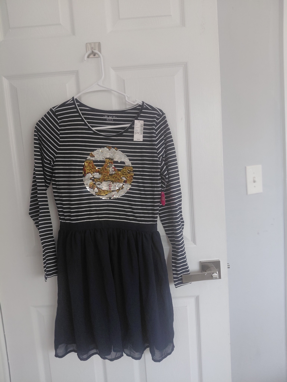 Girls' Black & White Striped Sequin Dress